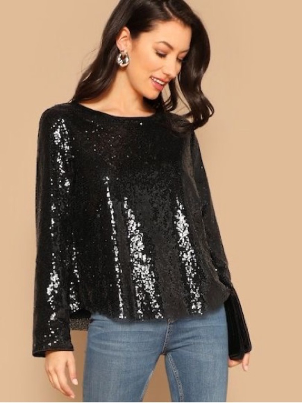 Shein Black Sequins Long Sleeve Blouse Parties Cocktail Attire Size Open Back XL